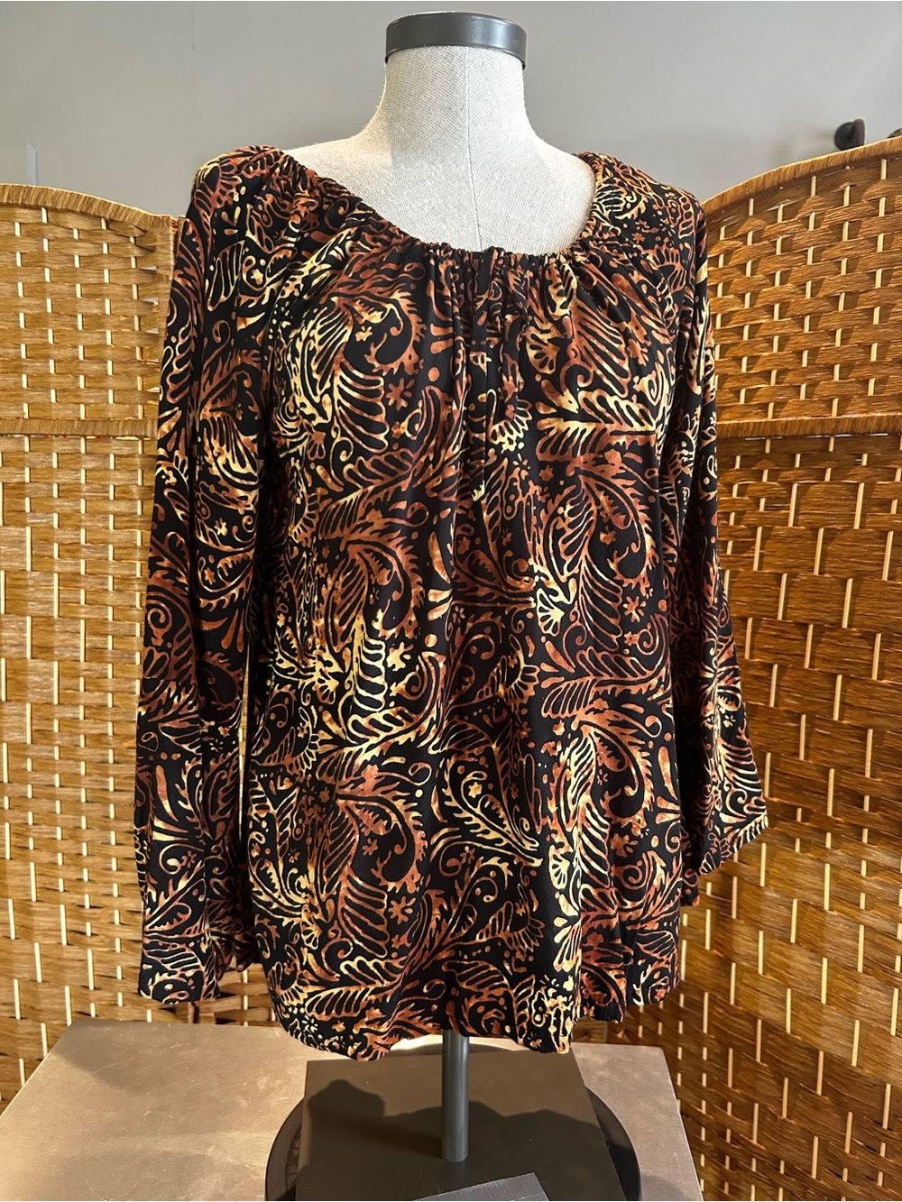 Kimberley’s Travels Batik Peasant Blouse Sz Large Brown Black Festival Boho Top